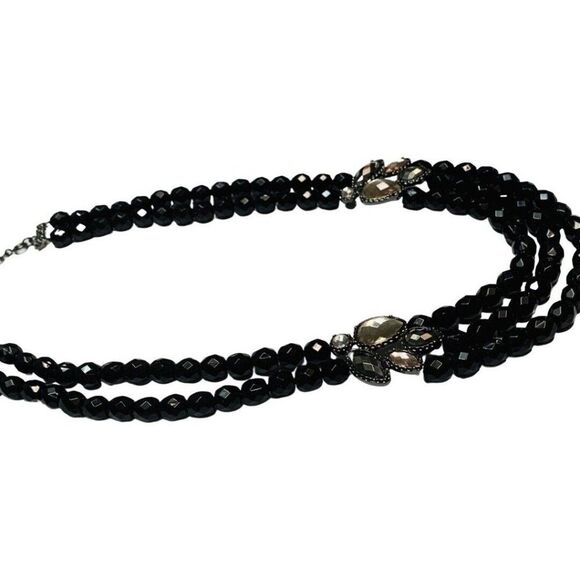 Vintage NRT Avon Black Faceted Rhinestone Beaded Collar Multi strand Necklace - Picture 3 of 8